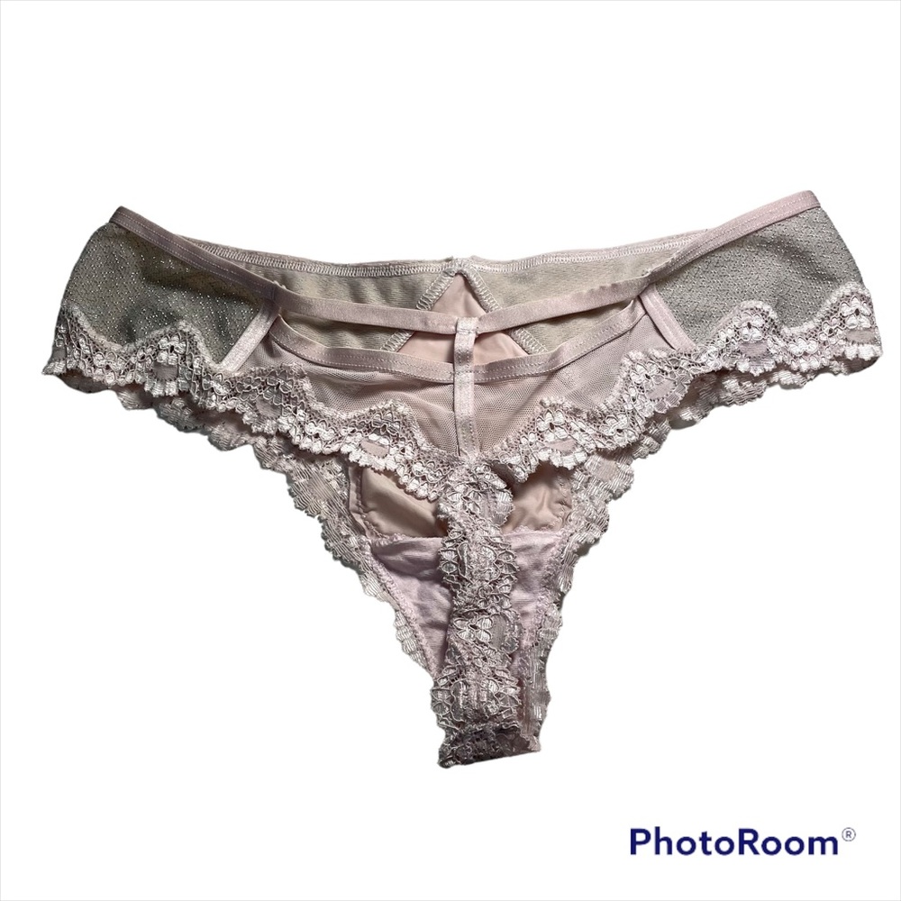 Victoria’s Secret dusty pink satin/lurex mesh cut-out back thong size S
